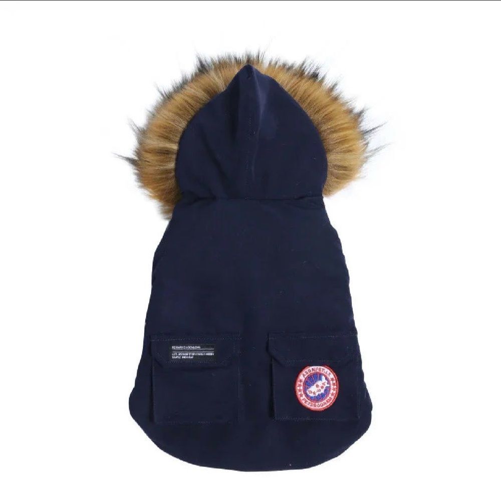 Navy Hooded Dog Jacket with Fur Trim